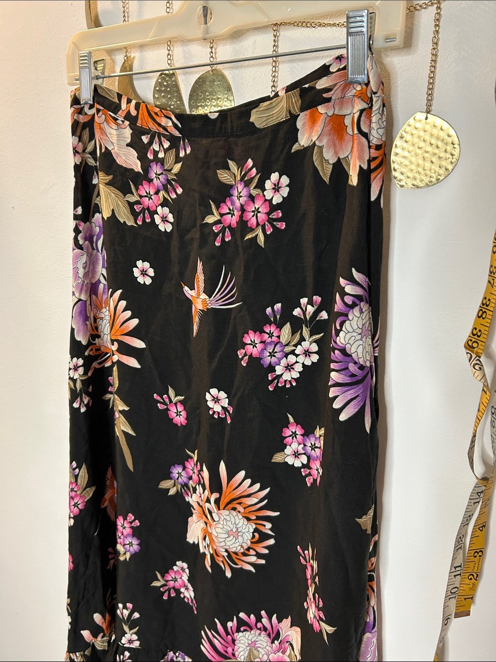 Black Floral Midi Skirt with Pink & Purple Blooms - Picture 3 of 8